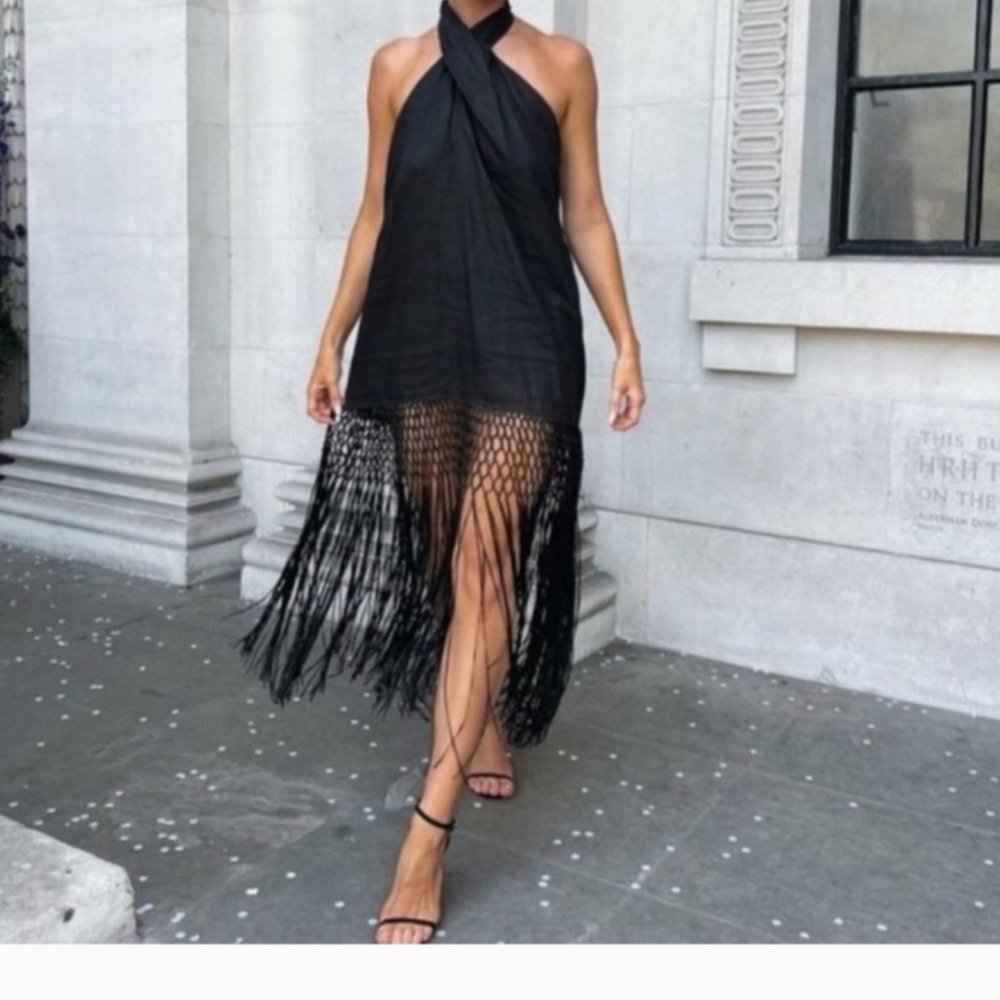 Zara Chic Black Halter Backless Dress